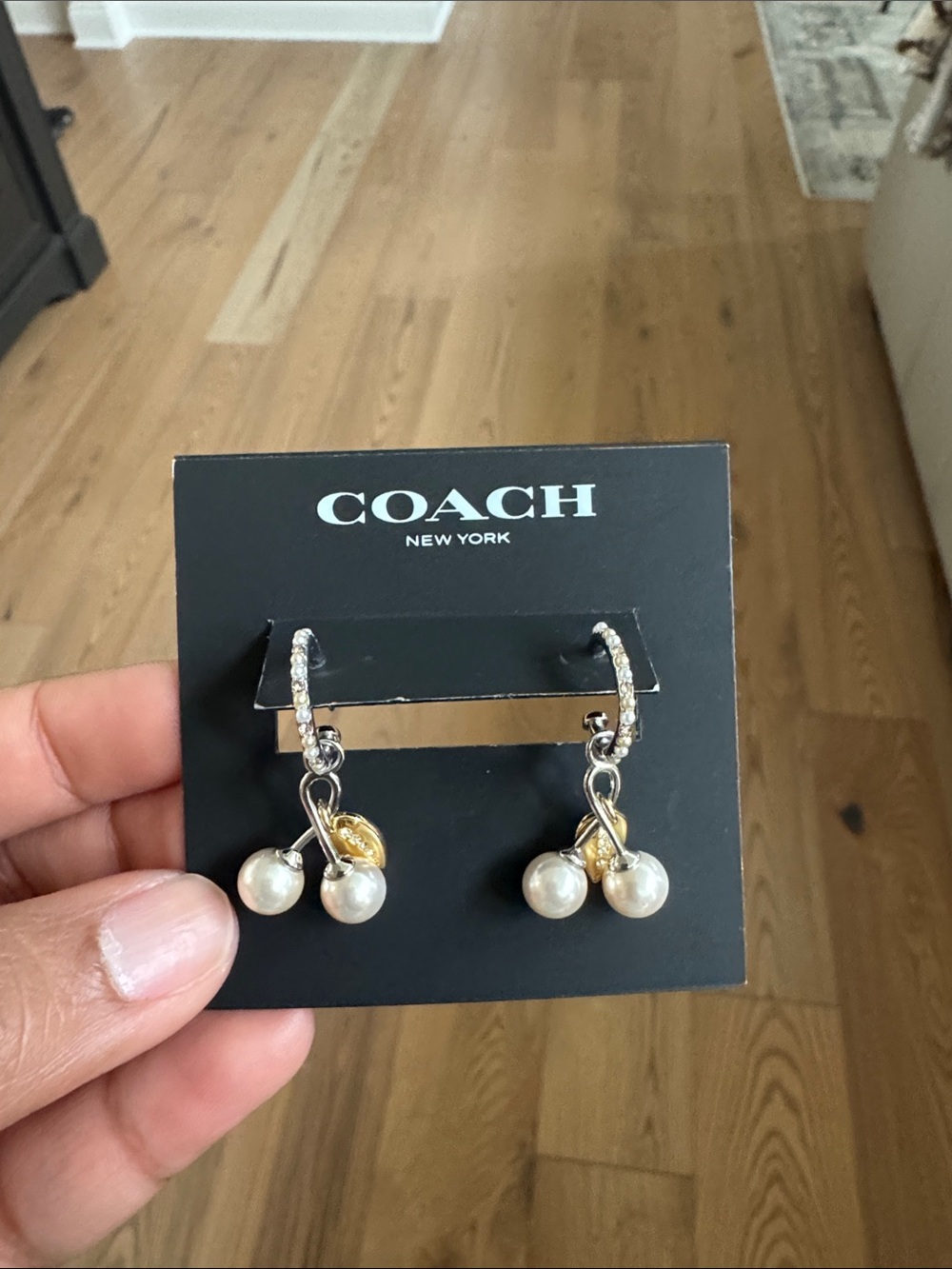 COACH Two-Tone Pearl Drop Hoop Earrings with Gold Leaf Accents